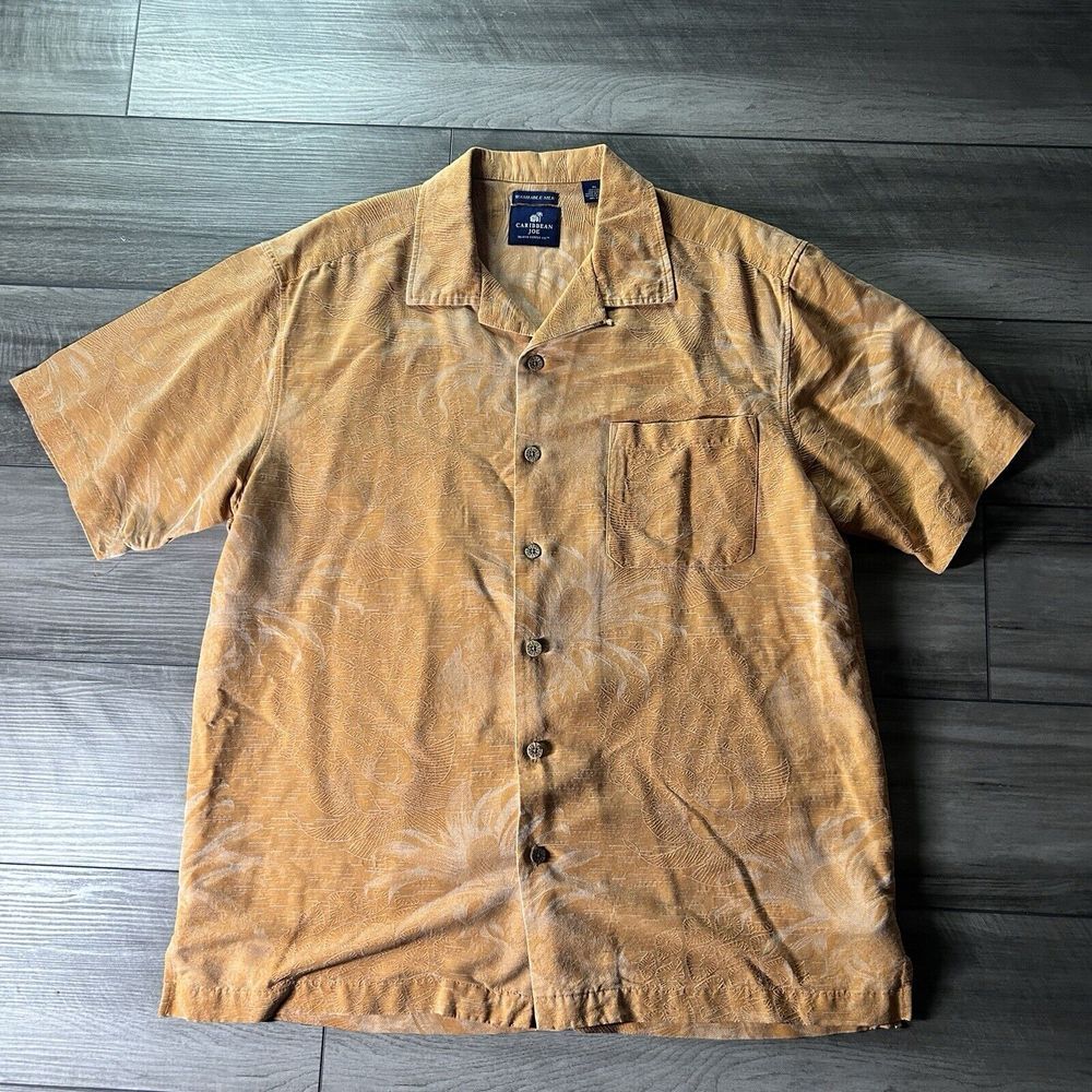 Caribbean Joe Men's Shirt 100% Silk‎  Floral Pattern Creamy Orange Size XL